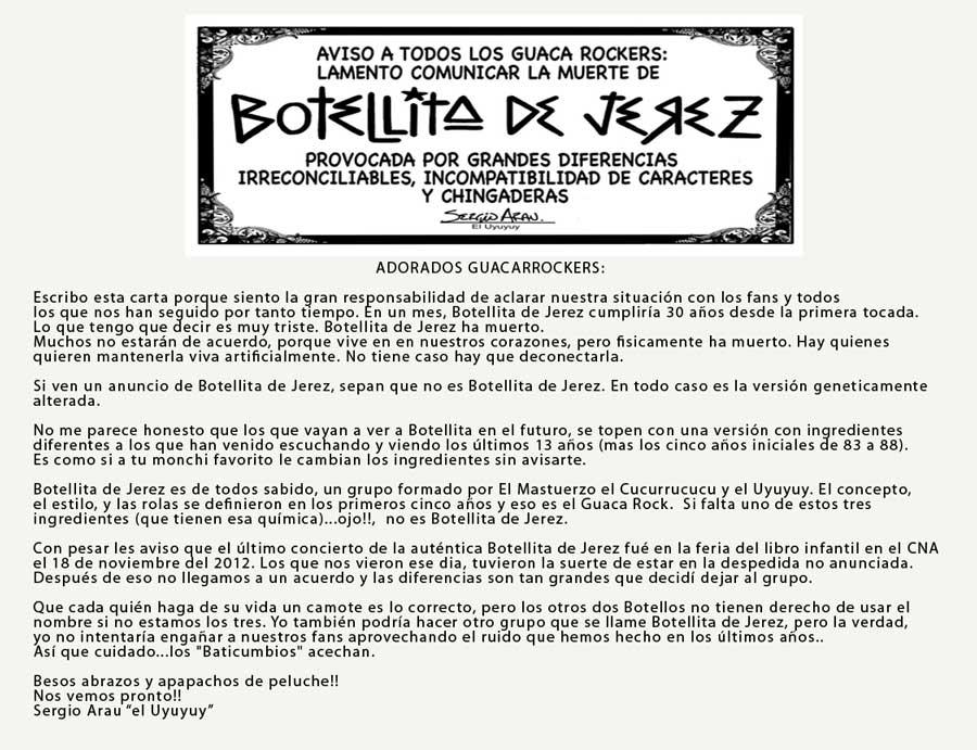 Esquela y texto Botellita de jerez